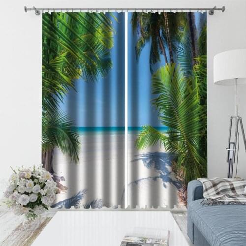 Blue beach curtains 3d curtains new bay window balcony thickened windshield blackout curtains beautiful scenery curtains