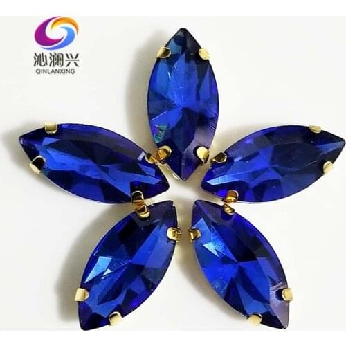 Royalblue eye shape AAA Glass Crystal sew on stones with holes,Golden bottom loose rhinestones Diy/Clothing accessories SWMG11