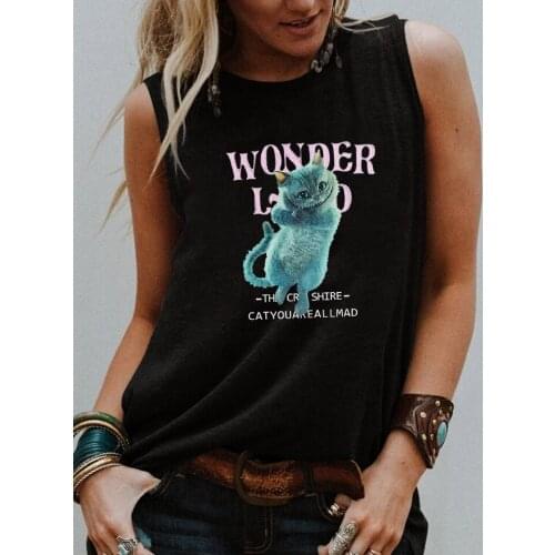 Wonderland The Cheshire Cat You Are All Mad Tank top Cat mom trendy tank Summer Sleevele shirt women fashion casual vintage tops
