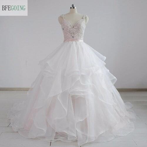 Ivory Tulle A-line Wedding Dress Chapel Train V-Neck Spaghetti Straps Beading Embroidery Real/Original Photos Custom made