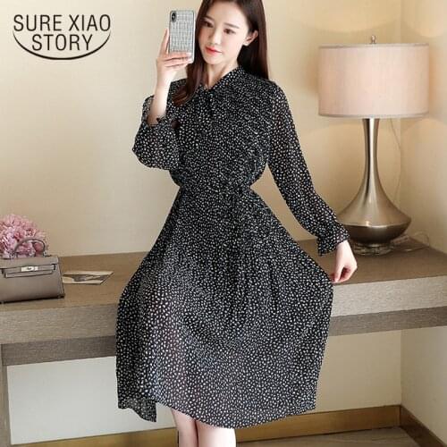 Vintage Long Sleeve Dresses Korean Chiffon Women Dress Casual Elegant High Wasit Midi Print Bow Ladies Vestidos Clothing 8636 50