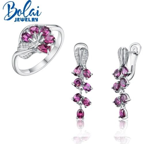 Bolai jewelry,Natural rhodolite earring and ring jewelry set, 925 sterling silver, create exquisite jewelry for women