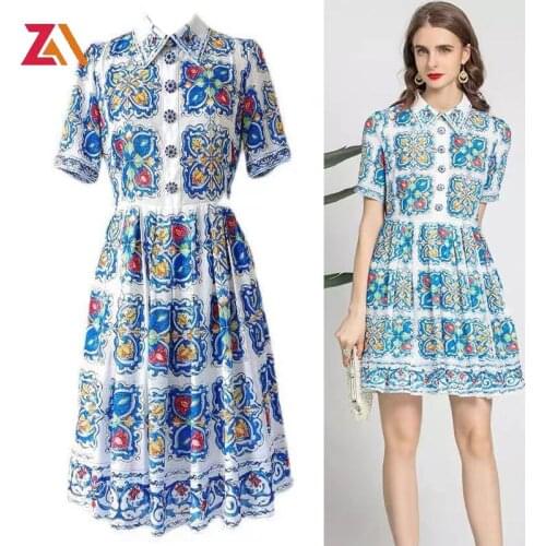 ZALady Designer Runway Party Midi Dresses For Women Summer Short Sleeve Vintage Totem Printed Basic Zevity Dress Mujer Vestidos