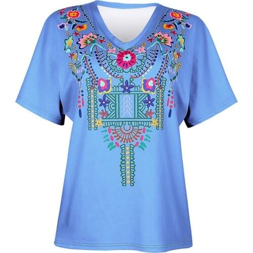 Women Summer Embroidery T-Shirt Flower Print V-Neck Short Sleeve Girls Tops T-shirts Ladies Floral Tee Shirt Blue M