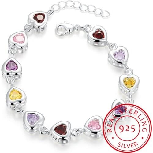 Sweet Fashion Bracelet Jewelry New Women 925 Sterling Silver Heart Colorful Zirconia Bracelet Engagement Party Christmas Gift