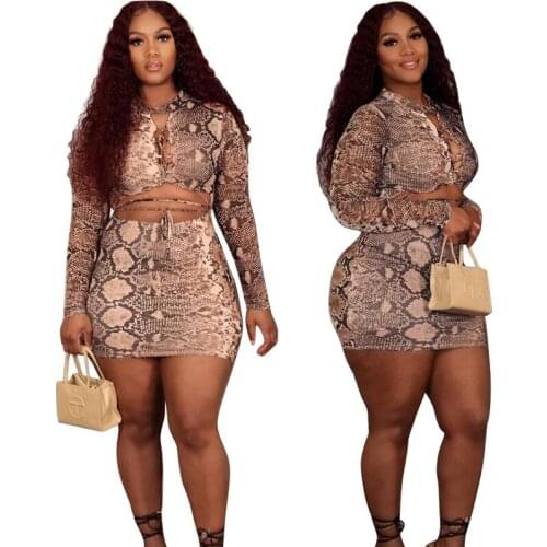 Sexy Party Women 2 Piece Set Outfits Printed Long Sleeve Crop Tops and Mini Bodycon Skinny Skirts Matching Set Plus Size 4XL 3XL