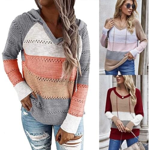 2021 Fall/Winter Sweater Womens Long Sleeve Loose Hollow Knitted Sweater Hoodie Nylon Streetwear Fashion Sweater