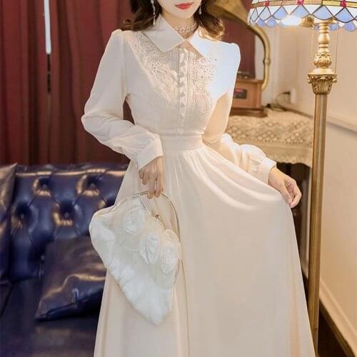 Solid Vintage Fairy Dress Women Lace Designer Elegant Midi Dress French Retro Puff Sleeve Party Casual Sweet Dress Summer 2021