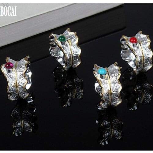 2020 real s925 silver jewelry leaf adjustable ring for woman inlaid with gemstones national style exaggerated woman silver ring