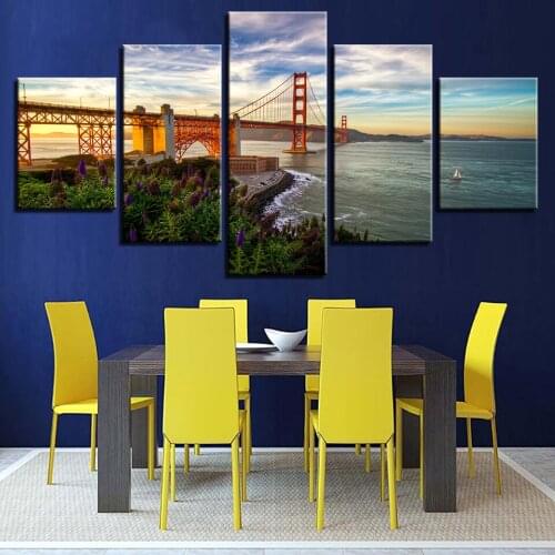 5 Pieces Golden Gate Bridge Modular Posters Wall Art Canvas HD Prints Pictures Home Decor Living Room Room Paintings Framework