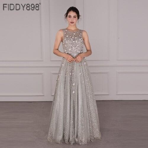 Glitter Long Evening Dresses 2021 New Arrival A-Line Women Formal Gowns Hand-Made Flowers Graduation Party Dinner Dress