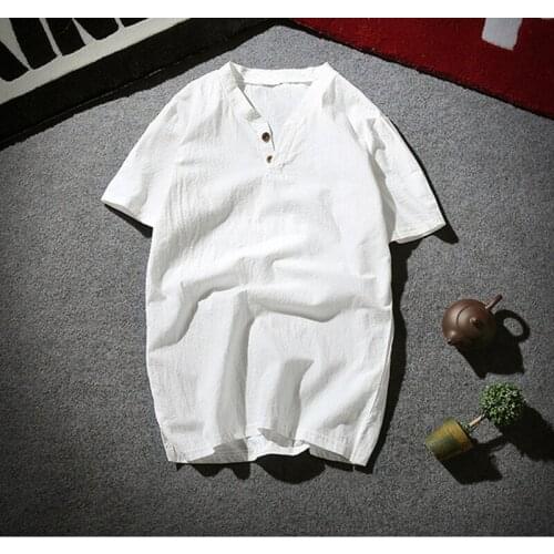 Plus Size M-7XL Mens Top Blouse 2020 Summer Cotton Linen Mens V-neck t-Shirt Flax Slim Two Button Short Sleeve White/Black