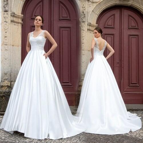 Glam Wedding Ball Gown Dress V Neck Lace Top Empire Backless 2021 Draped Satin Bridal Dresses Hot Sale 2021