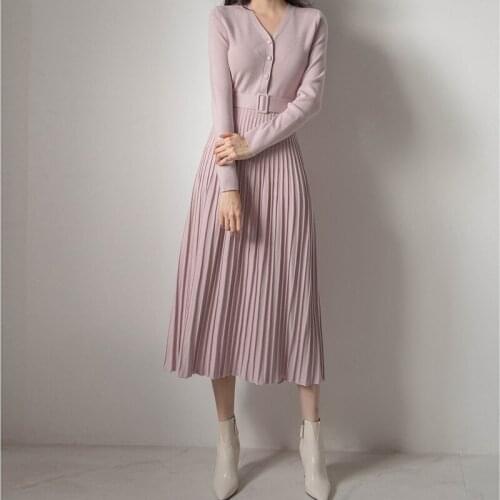 JSXDHK Elegant Women Knitted Party Dress 2020 New Autumn Winter V Neck Pink Stretchy Bodycon Slim Pleated Midi Dress With Belt