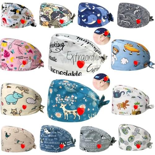 Pet Beauty Scrub Cap Adjustable Elastic Printing Surgical Hats Lab Nurse Cap with Button Medical Uniform Accessories Women Hat
