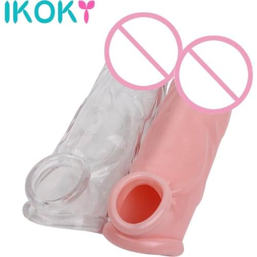 IKOKY Penis Sleeve Reuseable Chastity TPE Condom Foreskin Durable Cock Ring Sex Toys For Men Male Realistic Dildo Extender