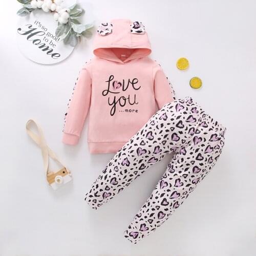 2Pcs Baby Girls Sweet Fashion Clothes Set Toddlers Girls Letter Printing Ear Decoration Long Sleeve Hooded Tops+Heart Long Pants