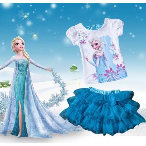 Cartoon Frozen Elsa Print Princess Girls Costumes Cute Halloween Vestido Tutu Dress Short Sleeve T-Shirt+Skirt 2PCS Clothing Set