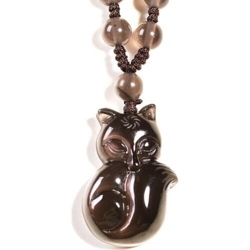 Ice Color Natural Obsidian Stone Pendant Dream Fox Necklace Lucky for Women Men Evil Spirits Obsidian Fashion Jewelry JoursNeige