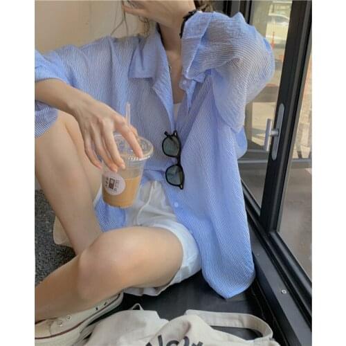 2021 summer loose and versatile thin breathable pinstripe long-sleeved shirt sunscreen shirt solid color blouse