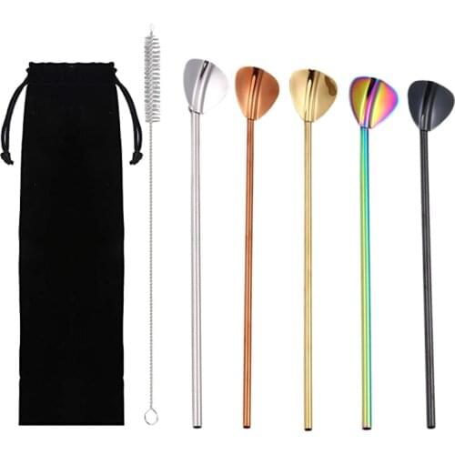 Reusable Straws with Spoon Stainless Steel Straw with Cleaning Brush Storage Bag Drinking Spoon for Milk Tea Milkshes D1