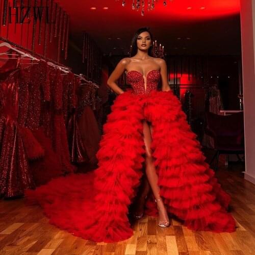 Fashion Red Sweetheart Crystal Beaded Top Evening Dresses 2020 Tiered Ruffle Front Split Irregular Prom Dress Formal Party Gown