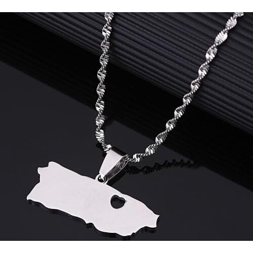Stainless Steel Silver Color Puerto Rico Map Pendant Necklaces For Women Girl Puerto Ricans Charm Jewelry