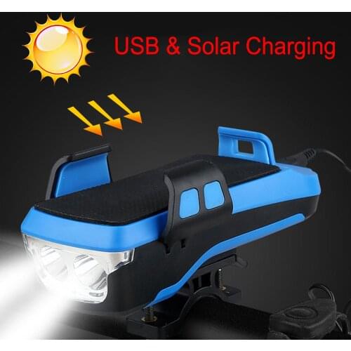 Solar Bicycle Light Rainproof 4000ma LED USB Power Mobile Phone Holder Speaker All In One Bike Headlight Lights Rechargeable