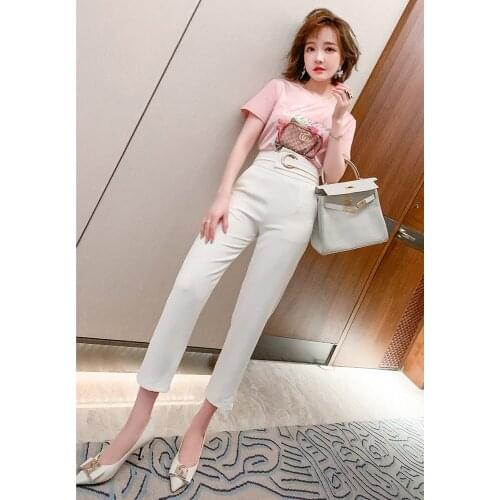 Top Quality Round neck printing T Compassionate+Solid high waist commuter suit summer new