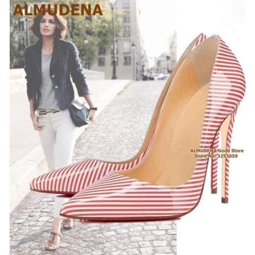 ALMUDENA Pink Yellow Blue Striped High Heels Newest Printed Embellished Wedding Pumps Slip-on Pointed Toe 12cm Women Shoes