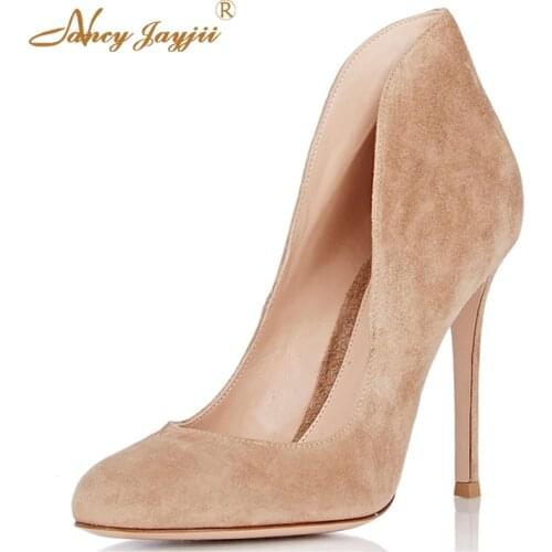 Mature Navy Blue&Dark Khaki&Khaki Suede Round Toe Women Prom Pumps 10cm High Heels Shoes Woman Party Large Size 4 to 16