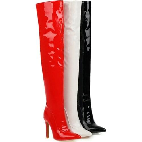 Ladies New Thigh Boots Fashion Patent Leather Knight Boots Female Autumn Winter Warm Super High Heel Pointed Zipper Women Shoes