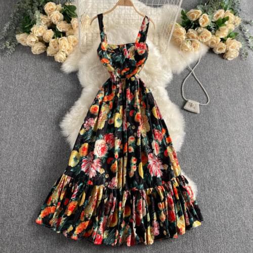 2021 New Summer Dress For Women Retro Floral Print Elegant Fashion Sleeveless Ruffles High-waisted Slim Party Dresses