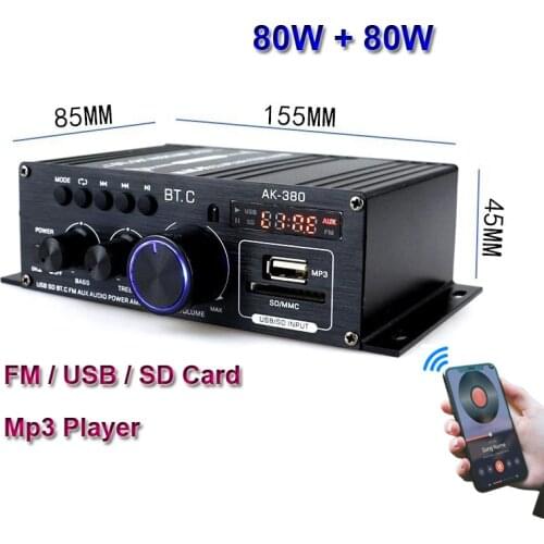 2*80W Bluetooth-Compatible FM Radio Mp3 Decoder Audio Power Amplifier Stereo Equalizer HiFi Class D Digital Music Mp3 Player AMP