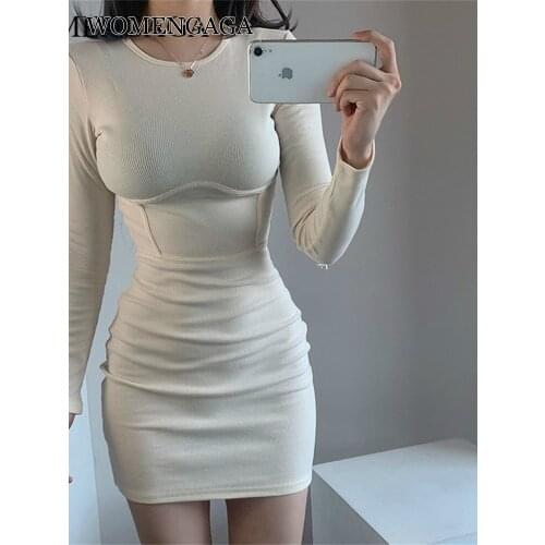 2020 Autumn Round Neck Waist Slimming Fashionable Street Temperament Full Sleeve Hip Stretch Mini Sexy Dress QW44