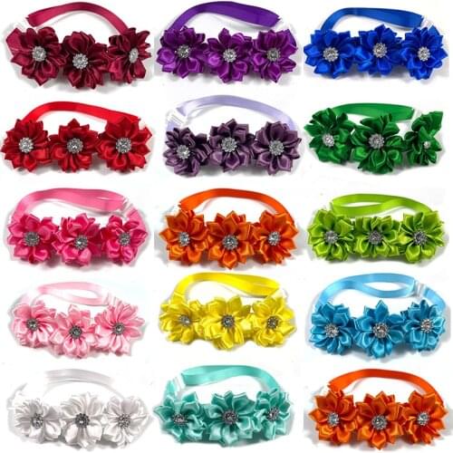 50/100pcs Pet Dog Bow Ties Flowers Collar with Shiny Rhinestones Bright Color Small Middle Neckties Pet Supplies Dog Accessories