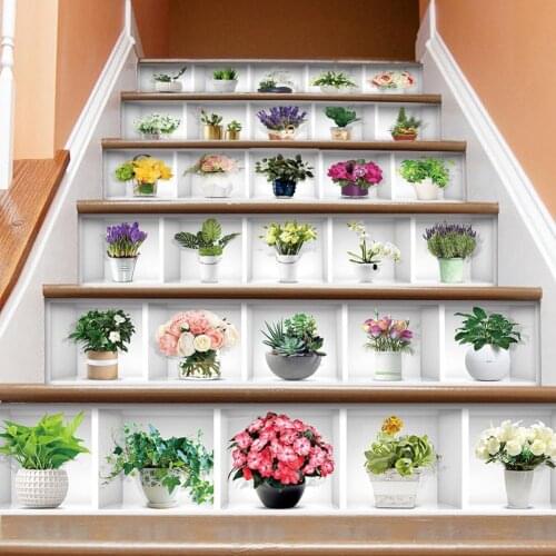 6Pcs/Set 3D Flower Staircase Stair Sticker Self Adhesive DIY Stairway Wall Decal Home Decor