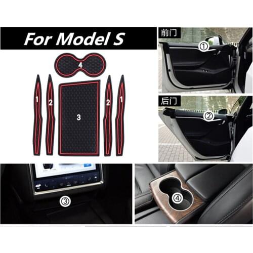 6pcs/set Car Accessories Gate Slot Pad Rubber Car-cup Interior Cup Cushion Door Mat Cup Stickers Covers For TESLA MODEL S