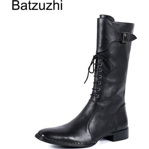 Batzuzhi Western Cowboy Mens Boots Pointed Toe Black Genuine Leather Medium Calf Boots Men Motorcycle Lace-up Buckles, EU38-46