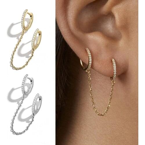 1 Piece Hot Sale Two Hole Piercing Earrings for Women Shining Crystal Zircon Metal Long Chain Tassel Earring Party Jewelry