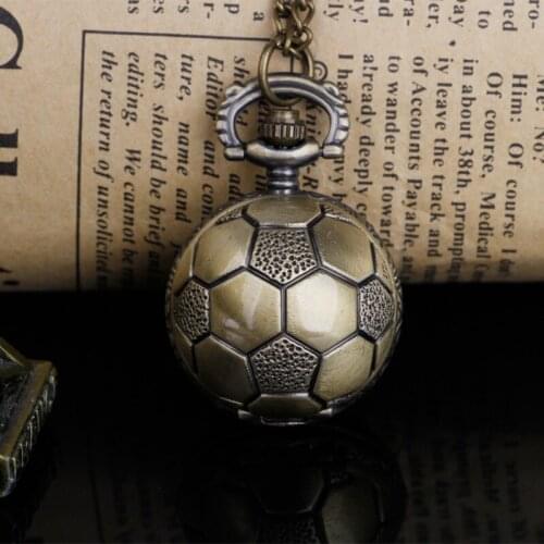 Soccer Ball Shape Bronze Round Vintage Quartz Movement Pocket Watch with Chain Necklace Jewelry Gifts
