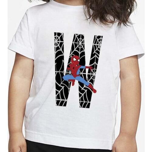 Spaideman Kids Alphabet W-Y T-Shirt Marvel Avengers Boys Girls First Letter of Name Print Tshirt Children Birthday Gifts