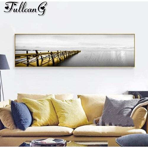 FULLCANG Wooden bridge on the sea diy 5d full square round diamond embroidery sale large mosaic painting home decoration FC2891