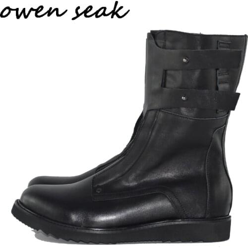 Owen Seak Men Shoes Knee High Boots Cow Leather Luxury Trainers Winter Boots Casual Flats Shoes Black Big Sneakers