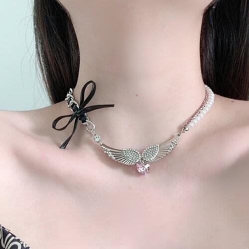 MWSONYA New Fashion Love Crystal Heart Wings Necklace for Women Leather Bowknot Pearl Chain Necklace Holiday Party Jewelry Gift