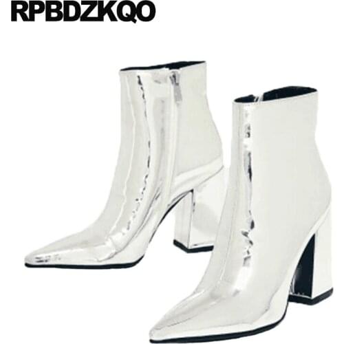High Heel Silver Sexy Autumn Chunky European Boots Fashion Ladies Pointed Toe Luxury Brand Shoes Women Thick Winter Fall Patent