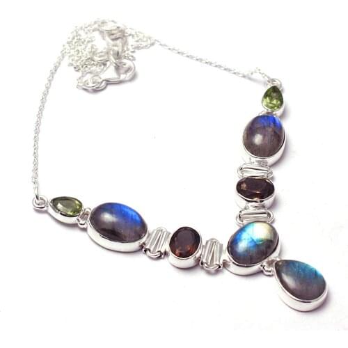 Genuine Labradorite + Peridot Necklace 925 Sterling Silver, 45 cm, MHBNE0187