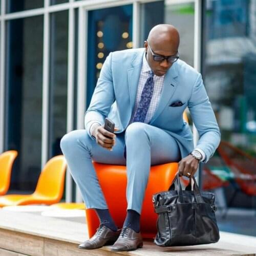 Sky Blue Groomsmen Wedding Tuxedos One Button Best Men Groom Suits Plus Size Business Prom Party Blazer Jacket(jacket+pants)