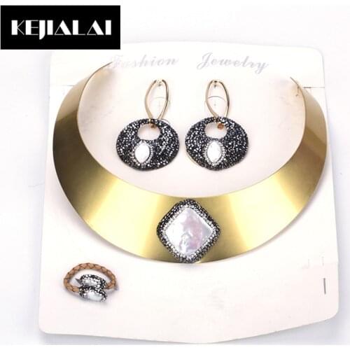 Charm Punk Style for Women Alloy Choker Necklace Paved ＆ Rhinestone Pearl Round Earrings Leather Ring Jewelry Sets Gift KJL