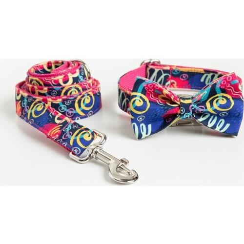 Personalized Red Graffiti Dog Collar Leash With Bow Tie Set Free Engraved Nameplate For Small Medium Large Dog